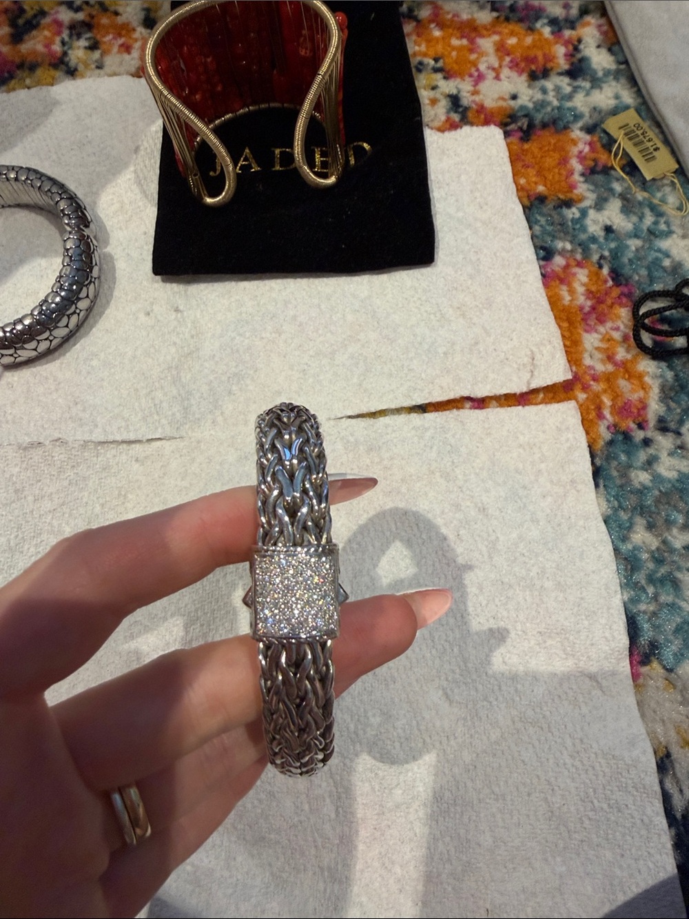 John Hardy Silver Woven Bracelet with Pave Square Clasp